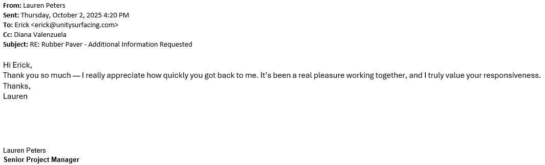 Unity Surfacing - A warm "thank you" from an engineering/consulting firm