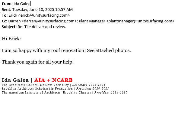 Unity Pavers - Architectural Review and Thank You Regarding Rooftop Patio